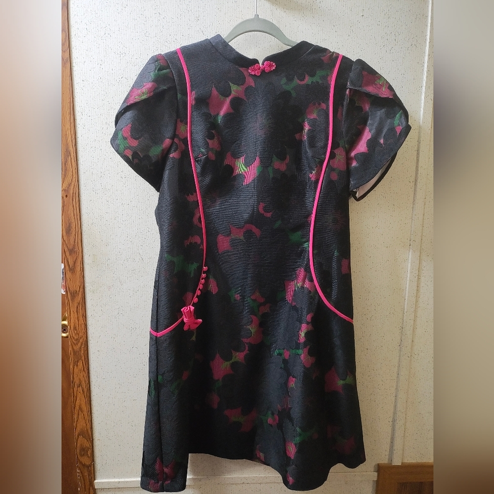 ViVi Cheongsam Floral Dress Bubble Sleeve Black XXL Asian Size Qipao Clean